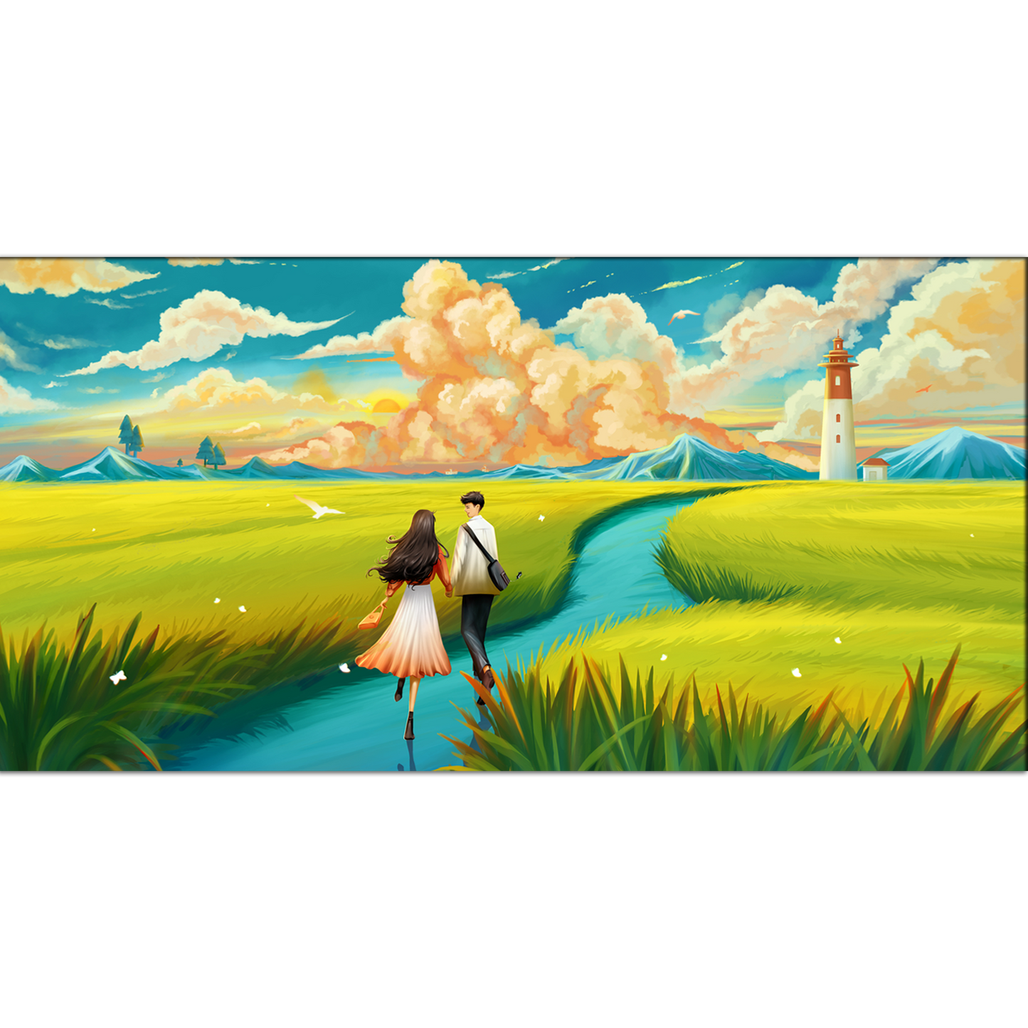 Lovers are Running in a Wheat Field Canvas Print Wall Painting
