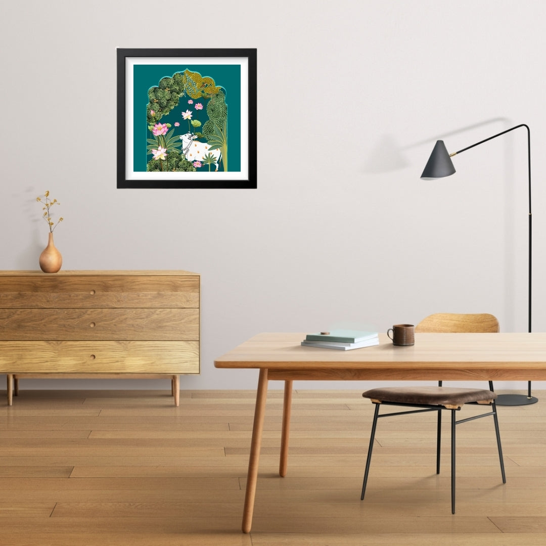 Pichwai Cow Art Traditional Beauty with Blue Backdrop Canvas Wall FramPichwai Cow Art