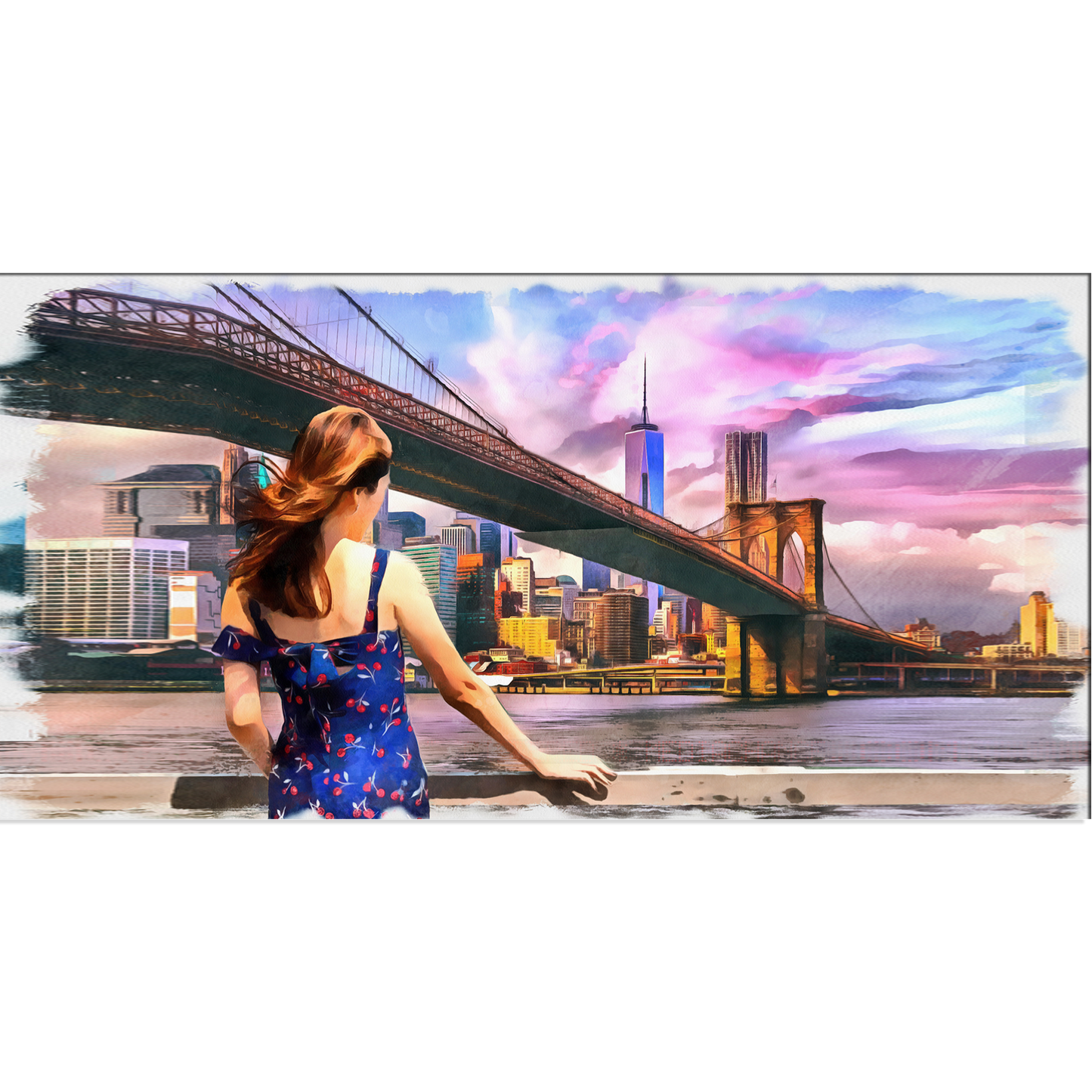 Beautiful Girl Standing Looking into Brooklyn Bridge Canvas Print Wall Painting