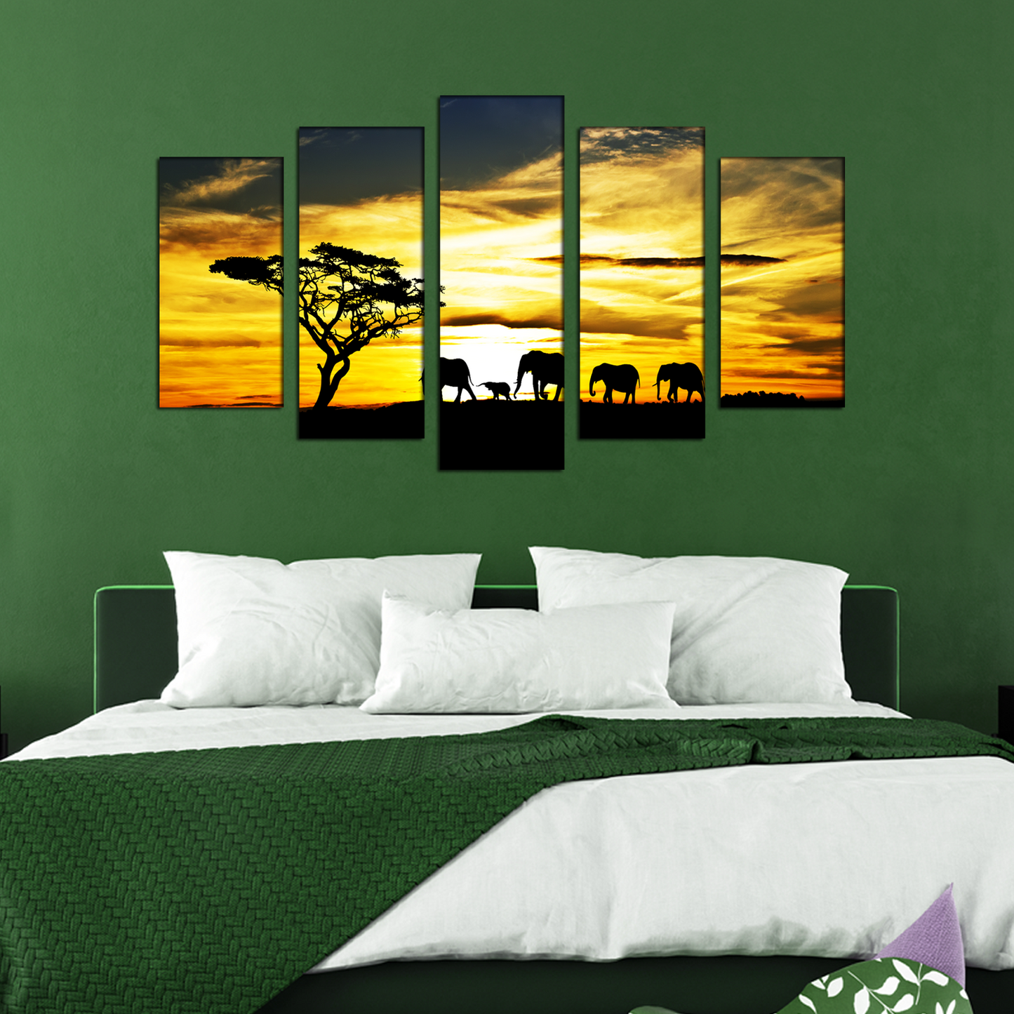 Beautiful View Of Elephants in Sunset MDF Panel Painting