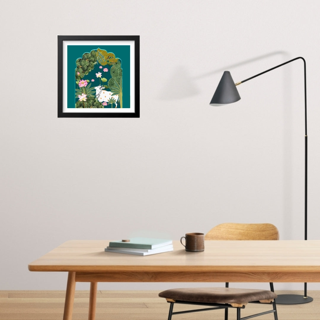 Pichwai Cow Art Traditional Beauty with Blue Backdrop Canvas Wall FramPichwai Cow Art