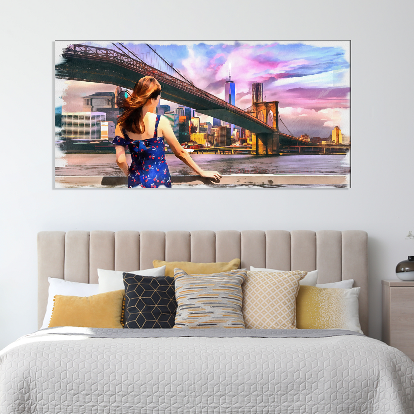 Beautiful Girl Standing Looking into Brooklyn Bridge Canvas Print Wall Painting