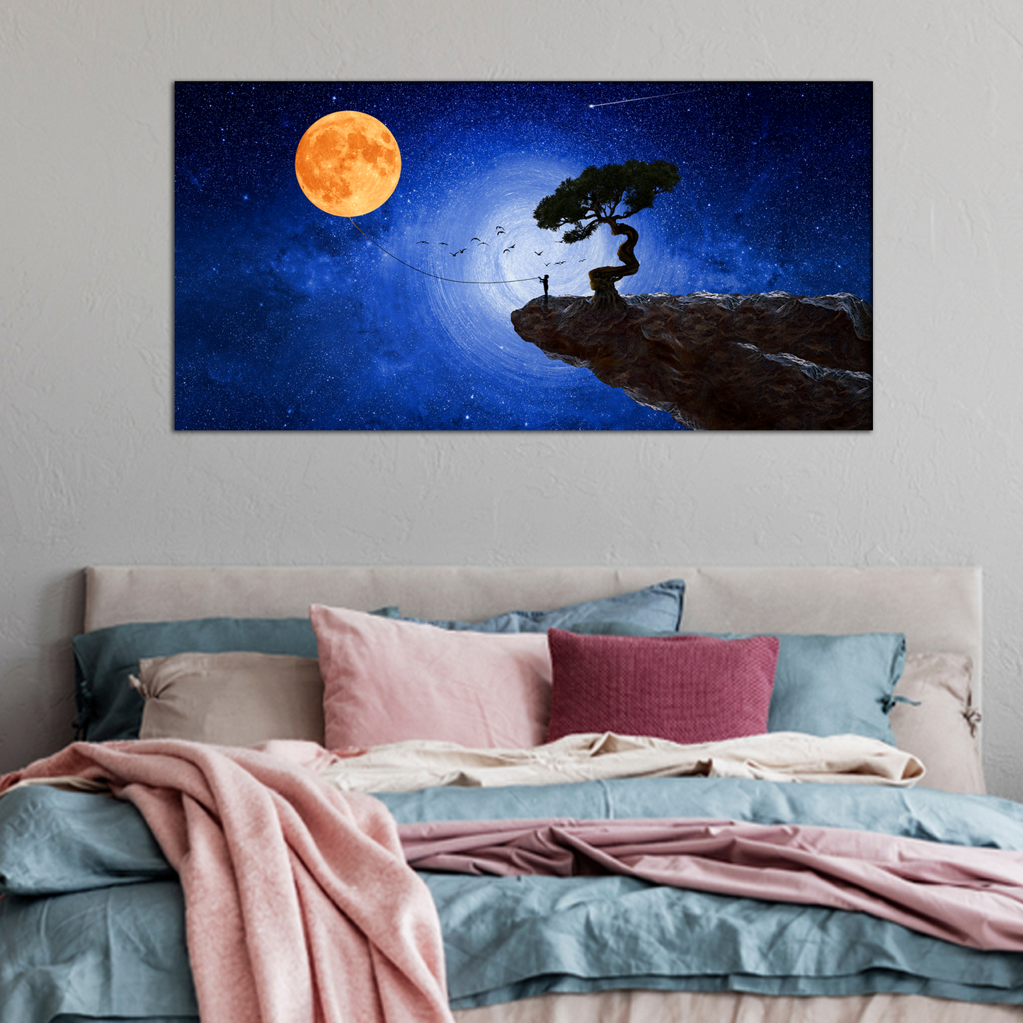 Child Catches the Moon with a Rope Canvas Print Wall Painting