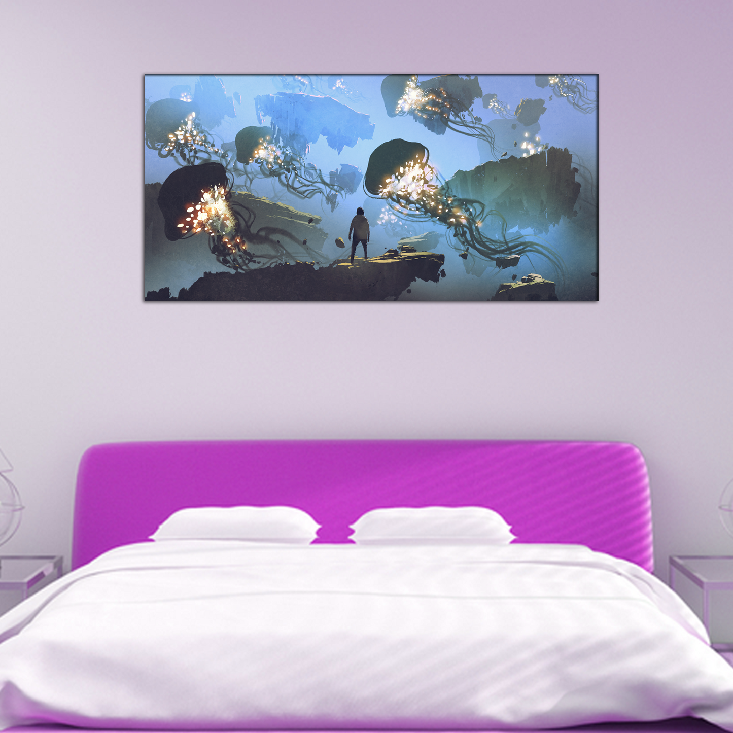 Man looking at Giant Jellyfishes Canvas Print Wall Painting