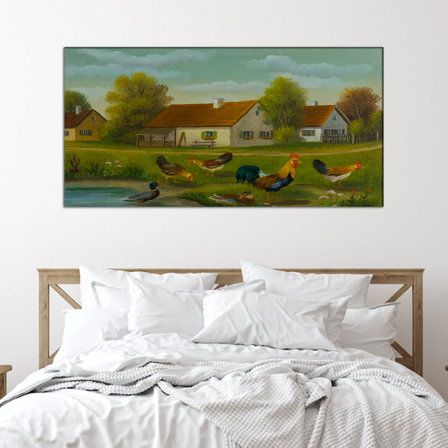Chickens & Ducks at a Pond Abstract Canvas Print Wall Painting