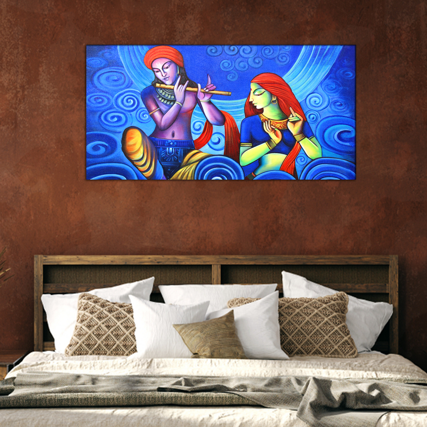 flute playing lord krishna and radha wall painting for living room