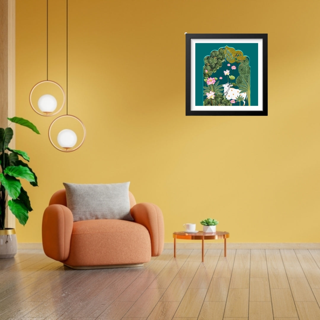 Pichwai Cow Art Traditional Beauty with Blue Backdrop Canvas Wall FramPichwai Cow Art