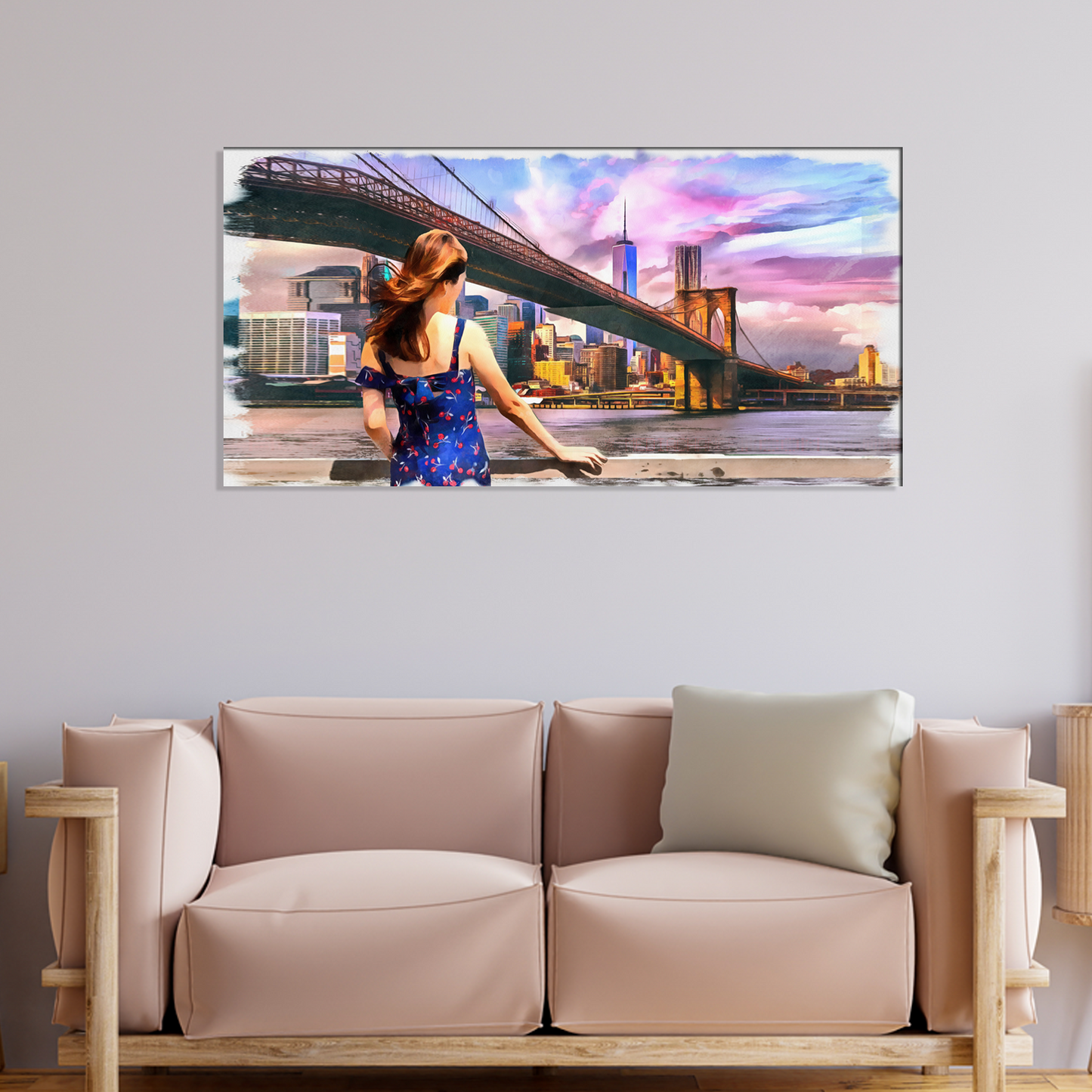 Beautiful Girl Standing Looking into Brooklyn Bridge Canvas Print Wall Painting