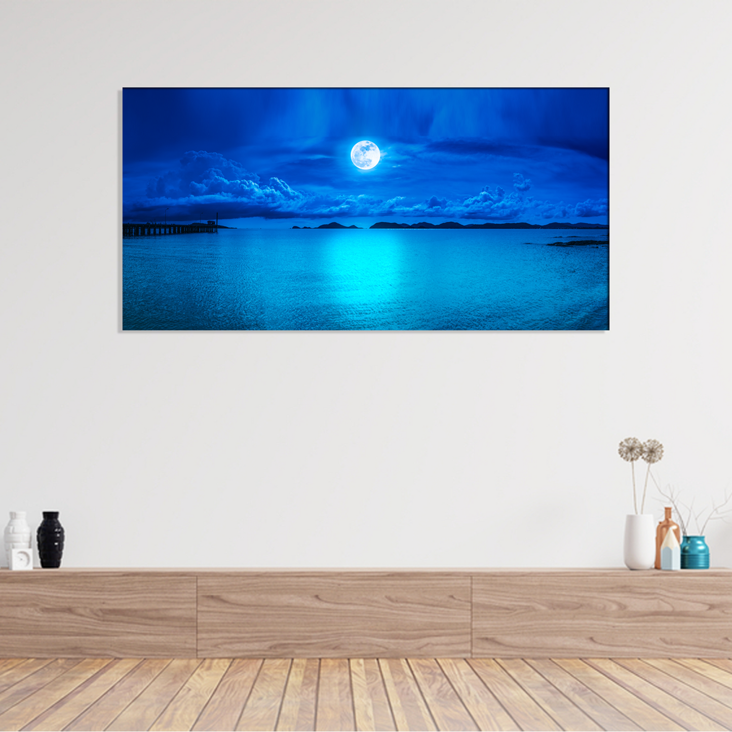 Sea & Full Moon With Abstract Canvas Print Wall Painting