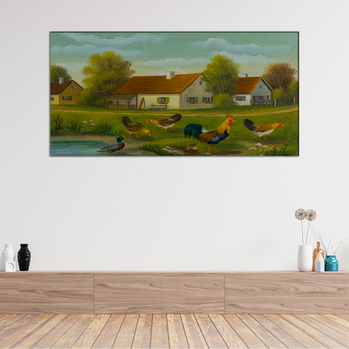 Chickens & Ducks at a Pond Abstract Canvas Print Wall Painting