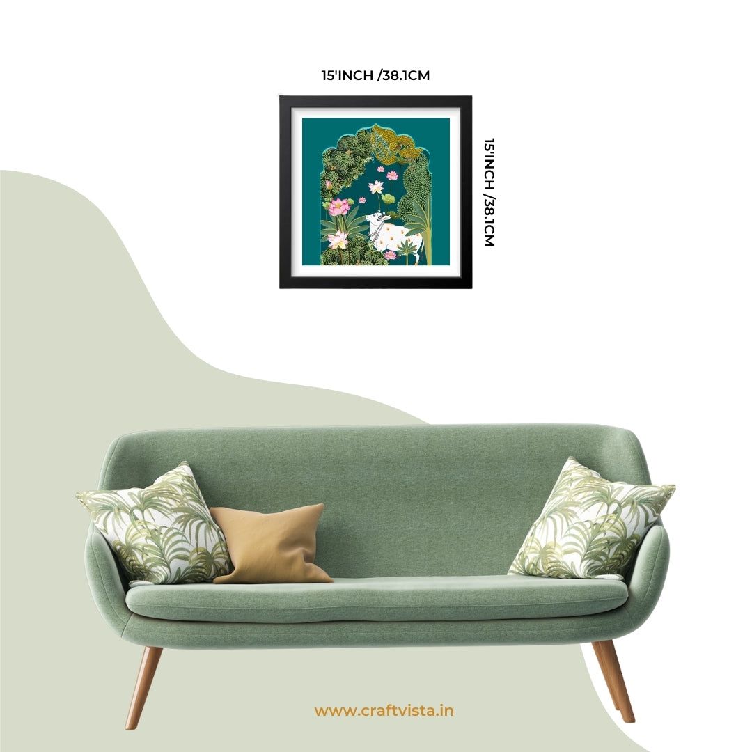 Pichwai Cow Art Traditional Beauty with Blue Backdrop Canvas Wall FramPichwai Cow Art