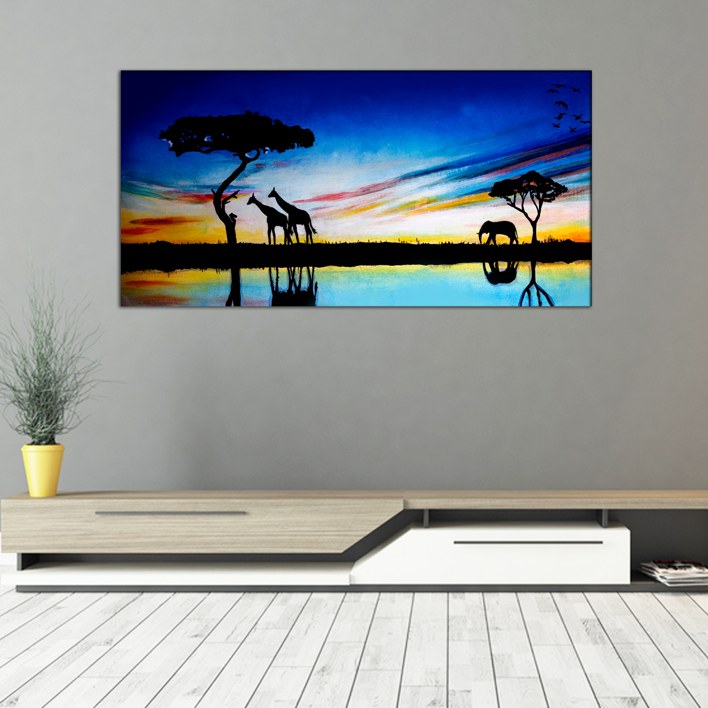 Elephants and Giraffes Animal Canvas Print Wall Painting