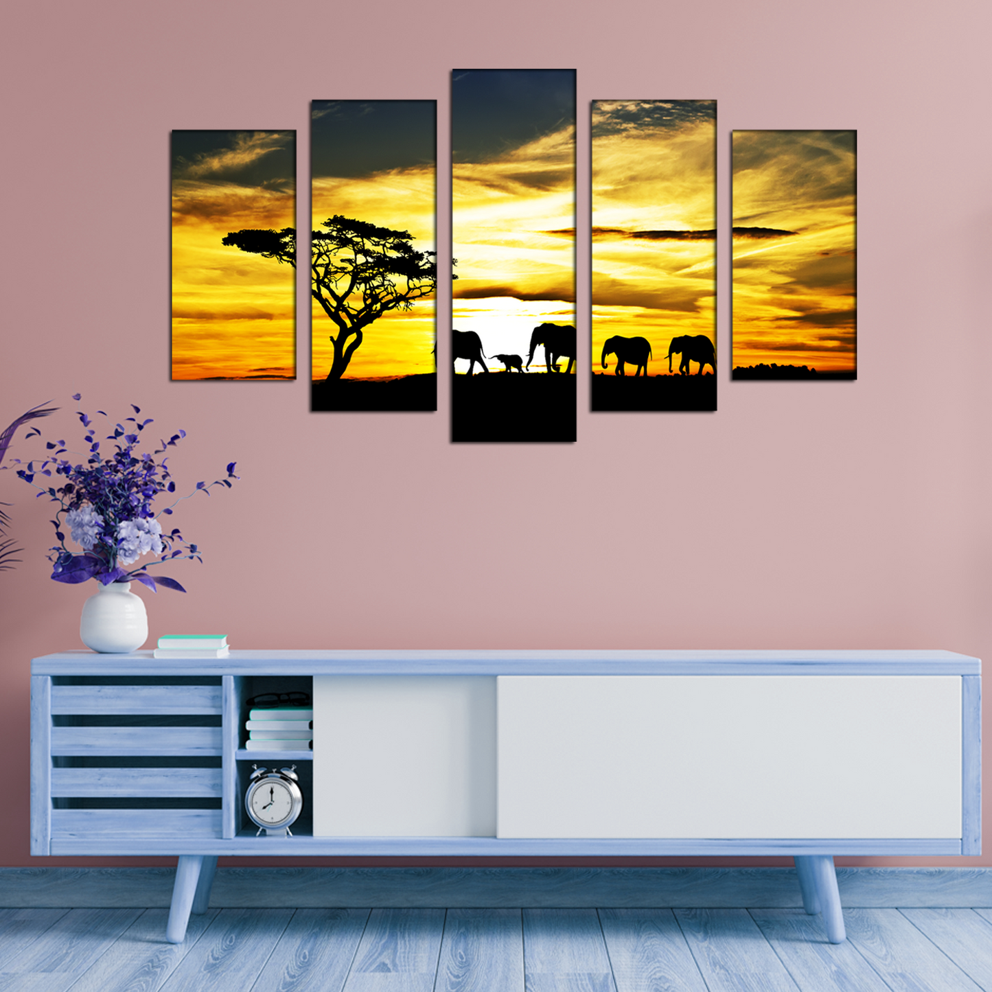 Beautiful View Of Elephants in Sunset MDF Panel Painting