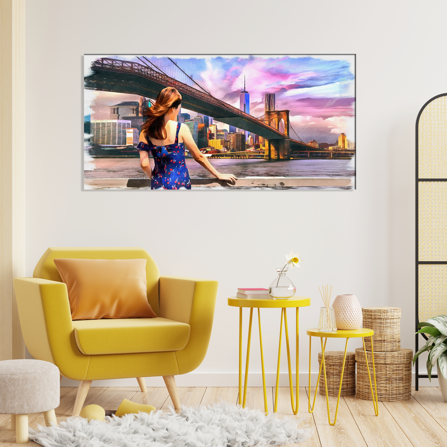Beautiful Girl Standing Looking into Brooklyn Bridge Canvas Print Wall Painting