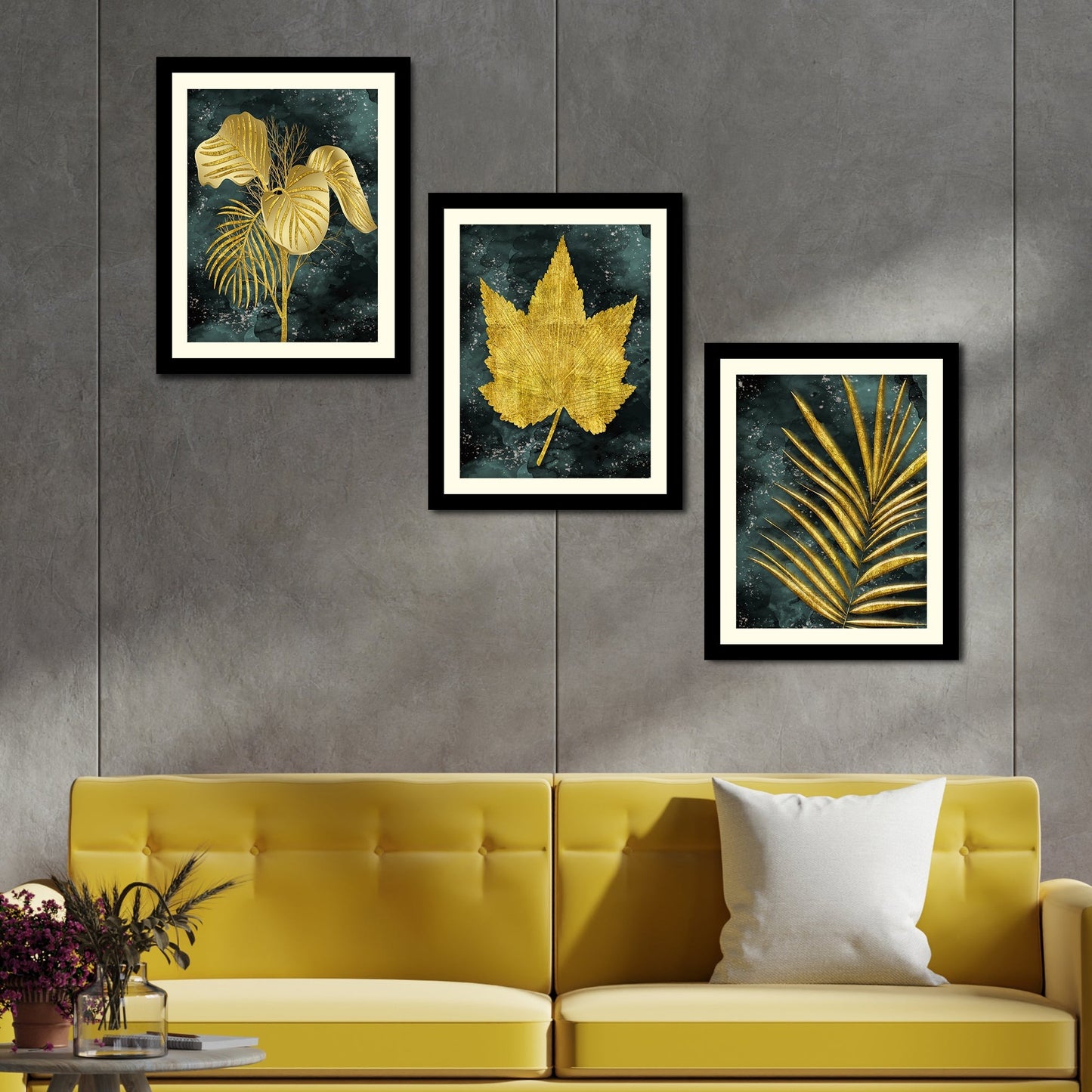 Golden Leaves Decorative Wall Frame Set of Three