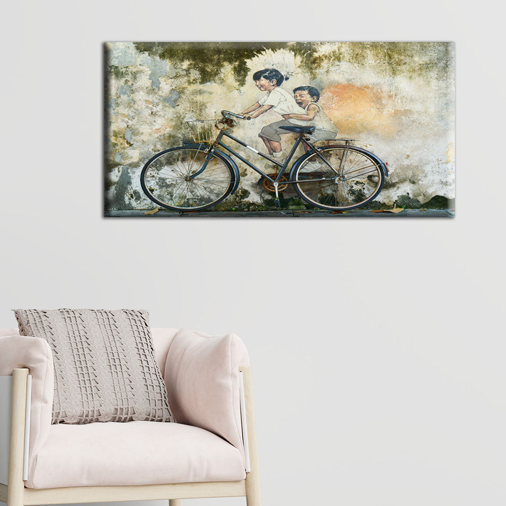 Kids On Old Bicycle Artistic Canvas Wall Painting