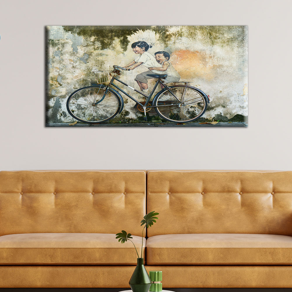 Kids On Old Bicycle Artistic Canvas Wall Painting