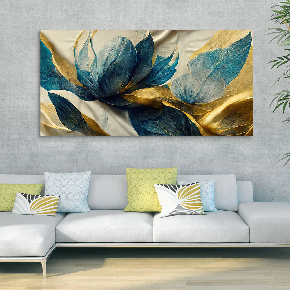 Beautiful Golden Blue Flower and Waves Canvas Wall Painting
