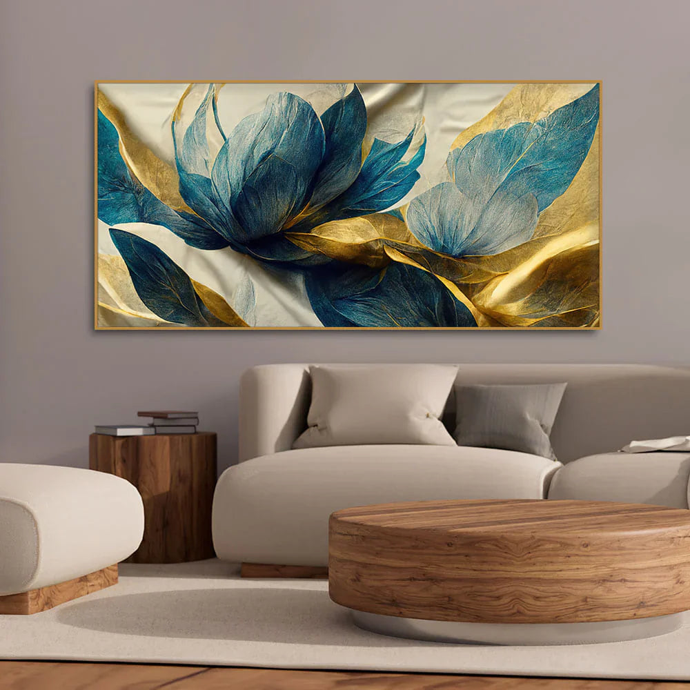 Beautiful Golden Blue Flower and Waves Canvas Wall Painting