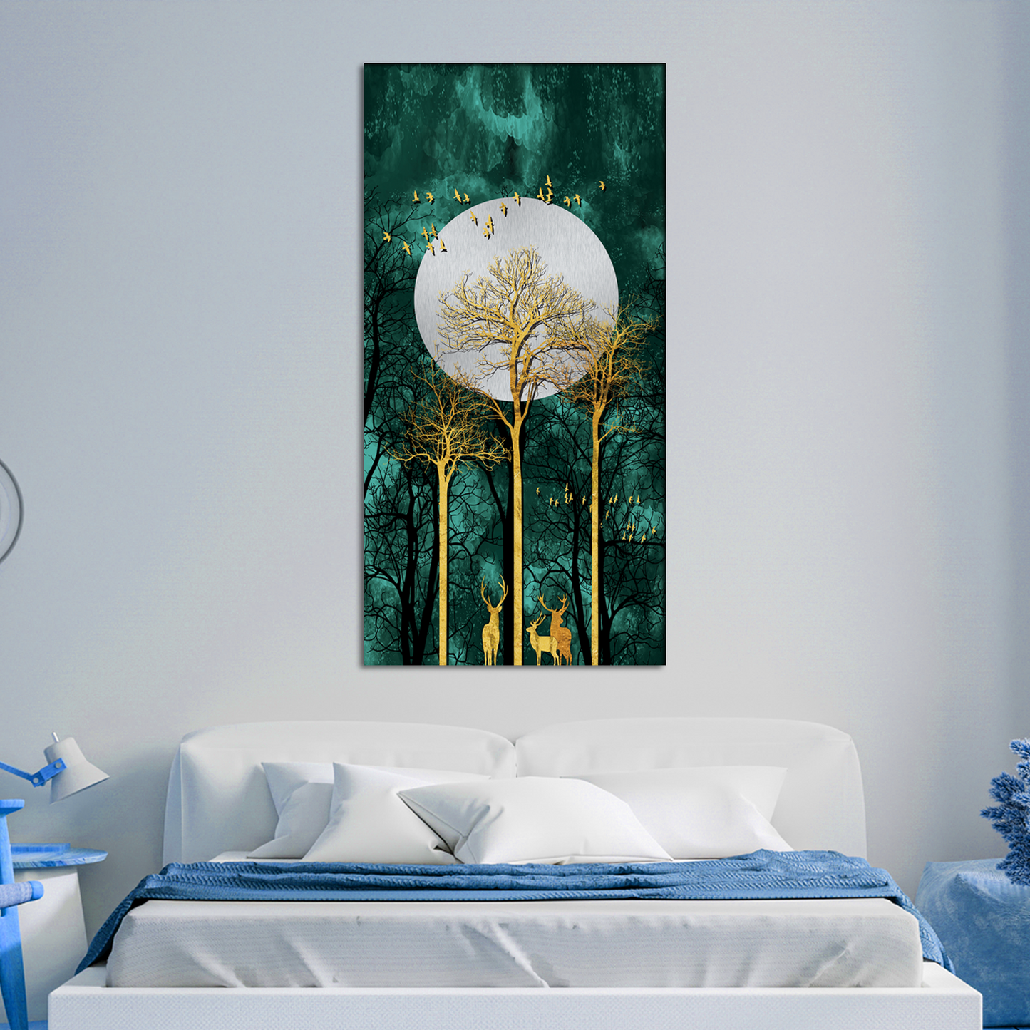 Moon and Golden Flying Birds with deer's Canvas Wall Painting