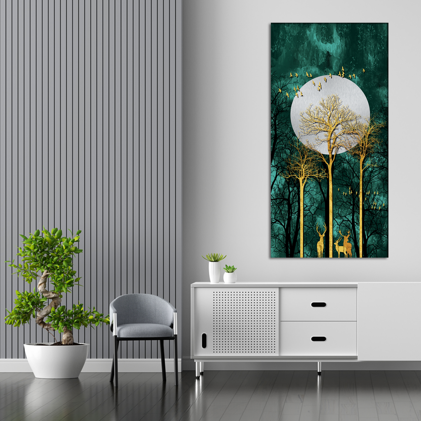 Moon and Golden Flying Birds with deer's Canvas Wall Painting