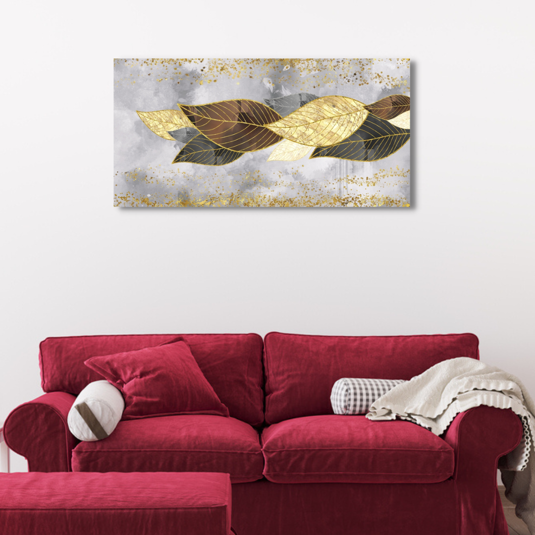 3d art golden, brown, yellow, black and gray leaves, feathers Canvas Print Wall Painting