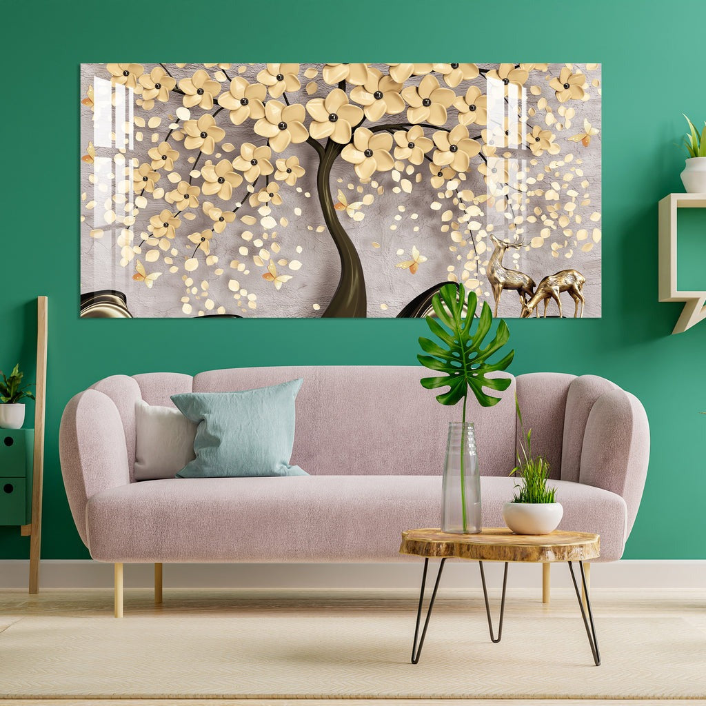 Beautiful Tree With Golden Flower Acrylic Wall Art