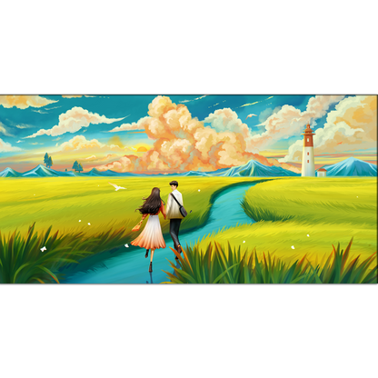 Lovers are Running in a Wheat Field Canvas Print Wall Painting