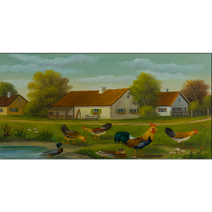 Chickens & Ducks at a Pond Abstract Canvas Print Wall Painting