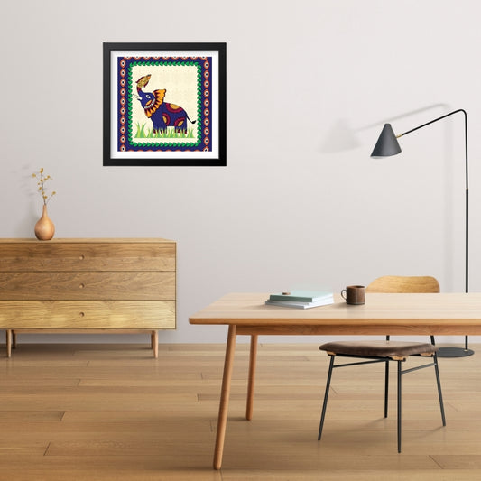 The Elephant and Fish in Mithila Art Canvas Frame