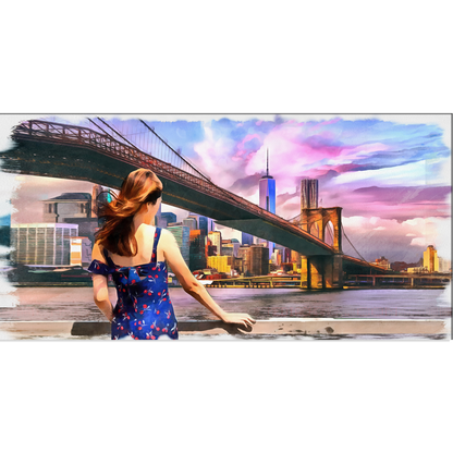 Beautiful Girl Standing Looking into Brooklyn Bridge Canvas Print Wall Painting
