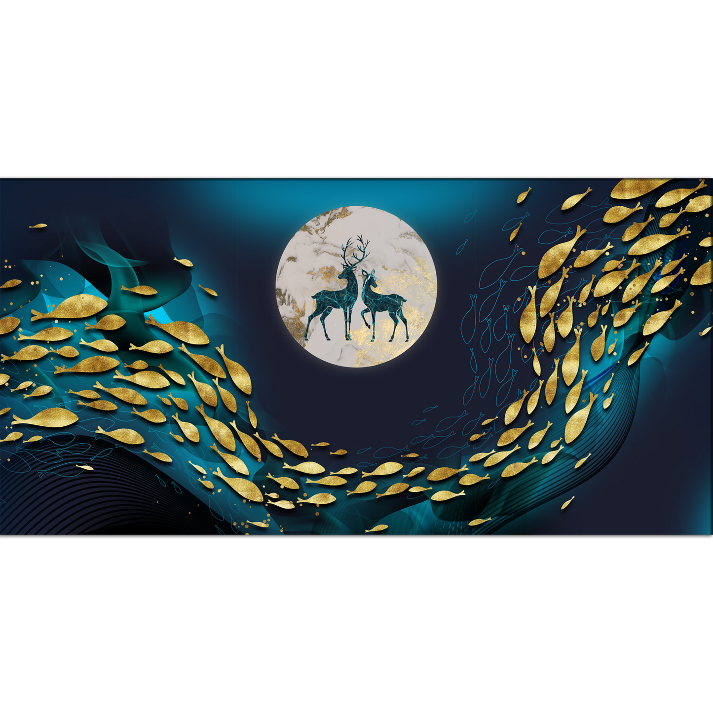 Fish, Deer and  Moon Canvas Print Wall Painting