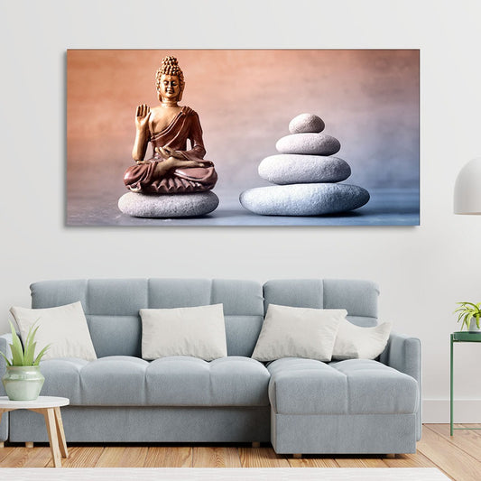 Meditating Buddha is Sitting with Balance Stones Religious Canvas Wall Painting