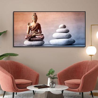 Meditating Buddha is Sitting with Balance Stones Religious Canvas Wall Painting