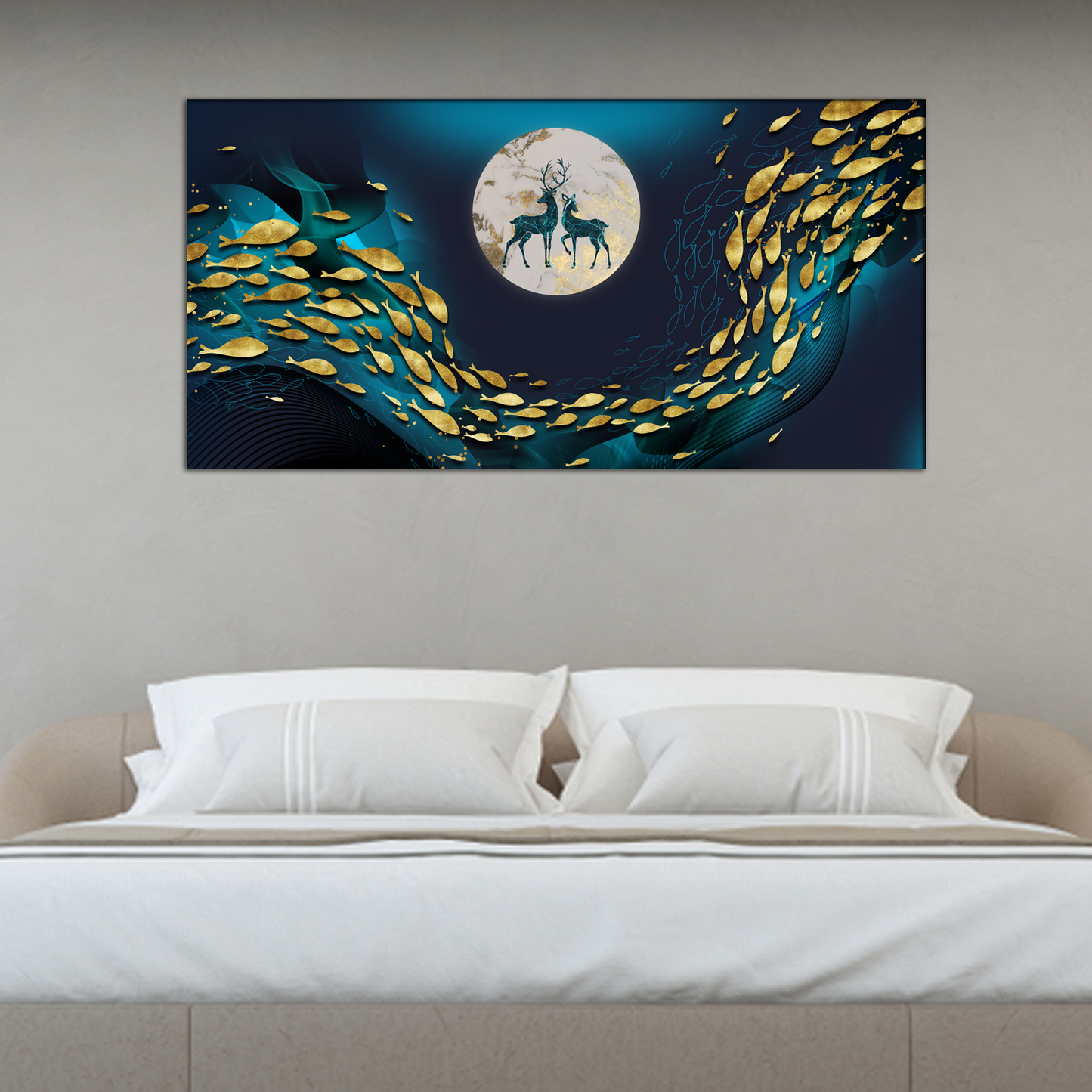 Fish, Deer and  Moon Canvas Print Wall Painting