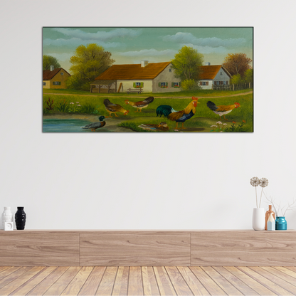 Chickens & Ducks at a Pond Abstract Canvas Print Wall Painting