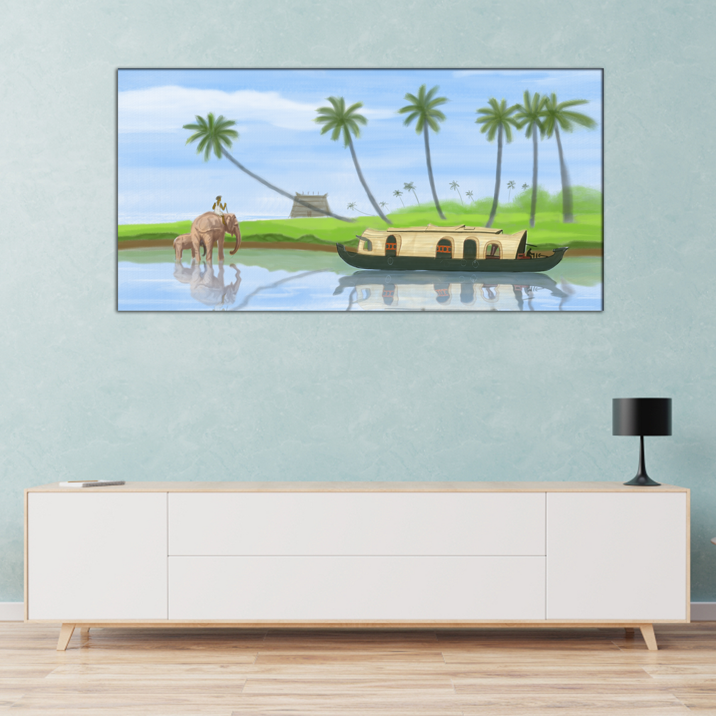 Elephant & Boathouse Canvas Print Wall Painting