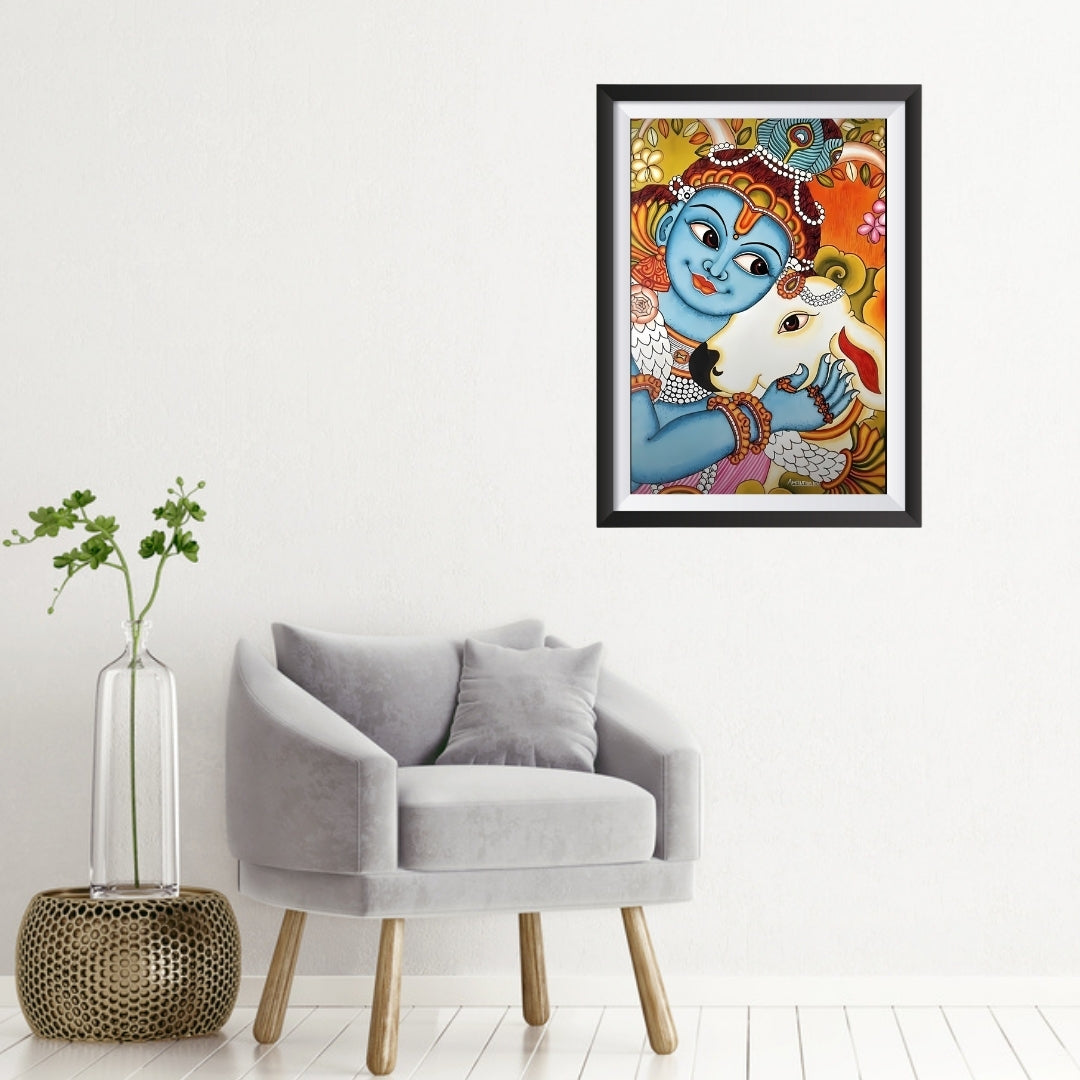 Krishna ji with cow Kalamkari Wall Frame