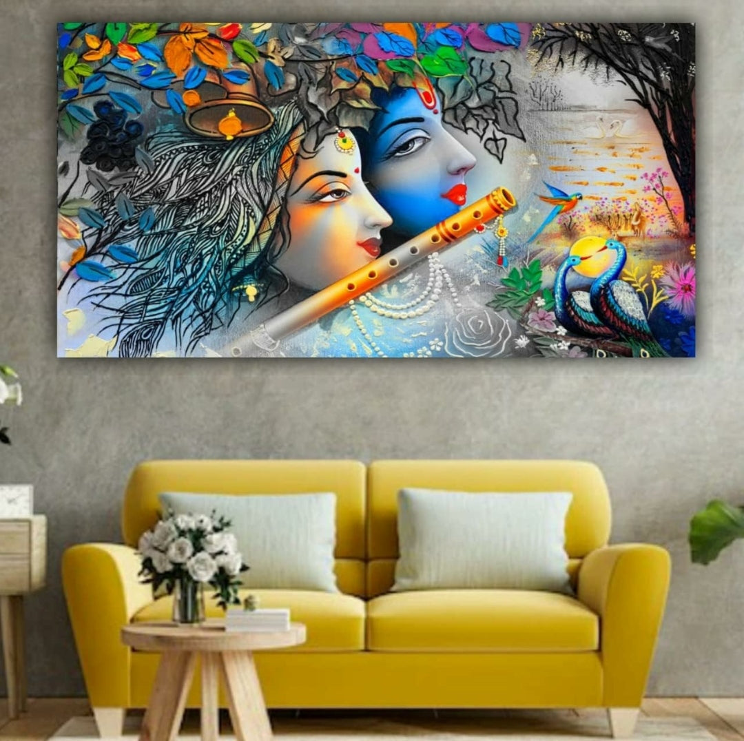 Radha Krishna With Flowers Canvas Wall Painting