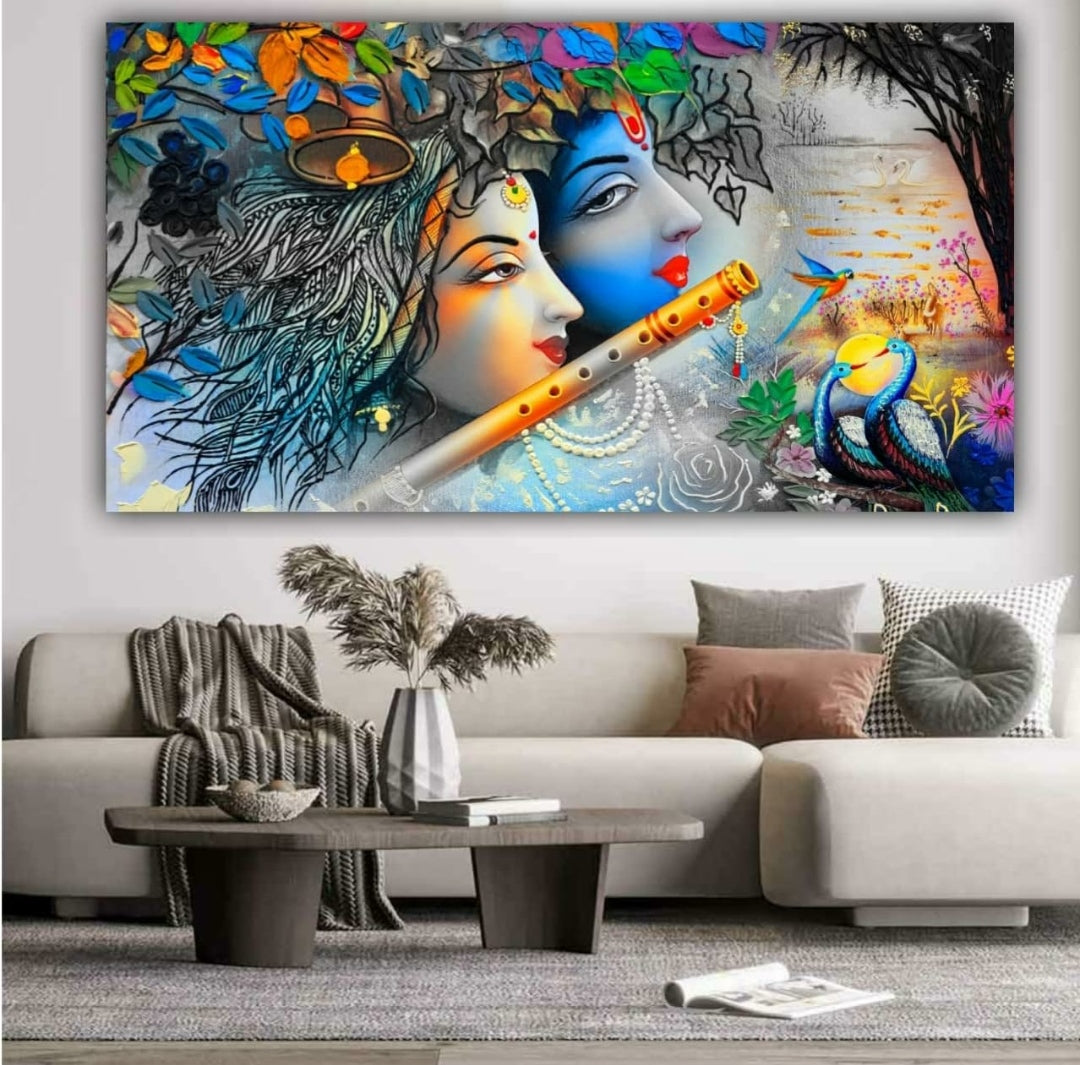 Radha Krishna With Flowers Canvas Wall Painting