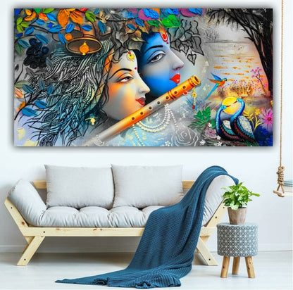 Radha Krishna With Flowers Canvas Wall Painting