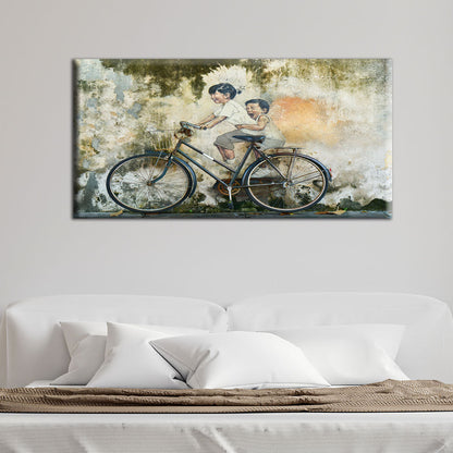 Kids On Old Bicycle Artistic Canvas Wall Painting