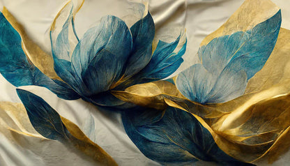 Beautiful Golden Blue Flower and Waves Canvas Wall Painting
