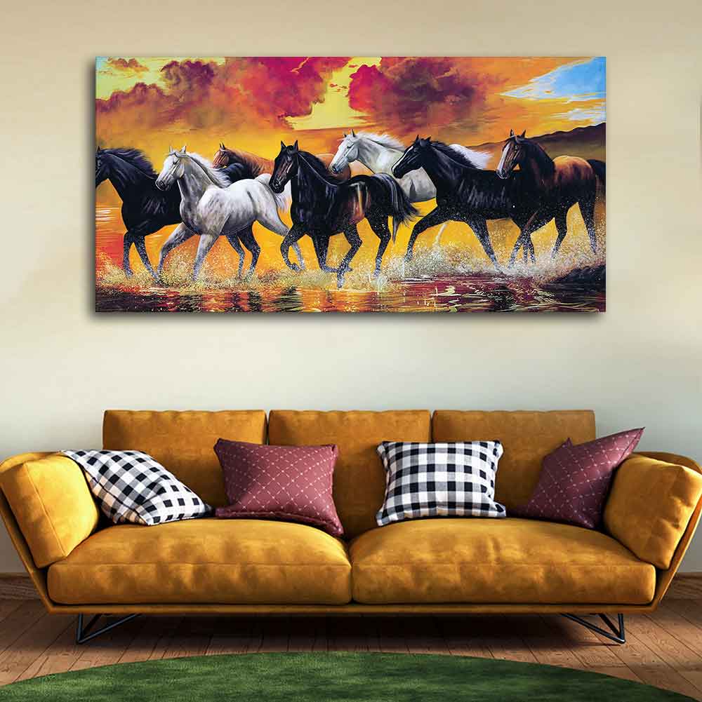 Panoramic Running Seven Horses Abstract Canvas Wall Painting