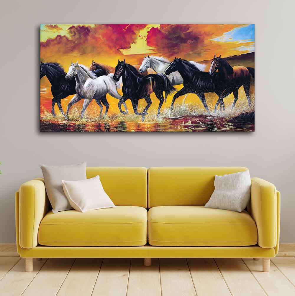 Panoramic Running Seven Horses Abstract Canvas Wall Painting