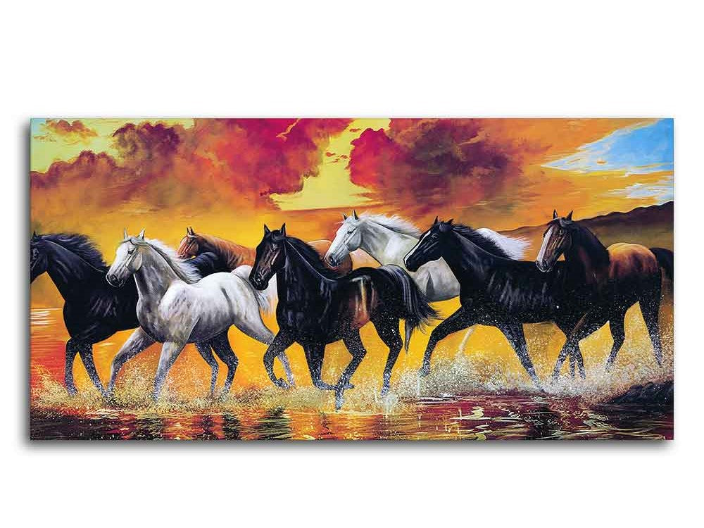 Panoramic Running Seven Horses Abstract Canvas Wall Painting