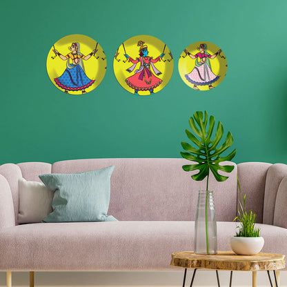 Krishan With Gopiya Dancing  Rash Lila Wall Plates Painting Set of Three