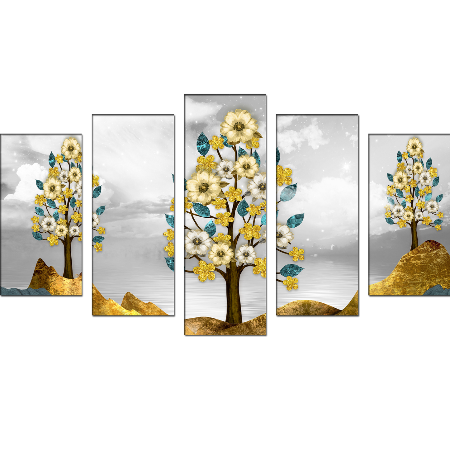 Brown trees with golden flowers MDF panel painting