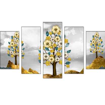 Brown trees with golden flowers MDF panel painting