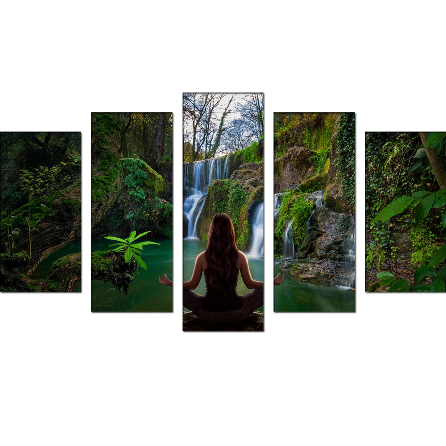 Girl Meditation in Front of waterfall MDF Panel Painting